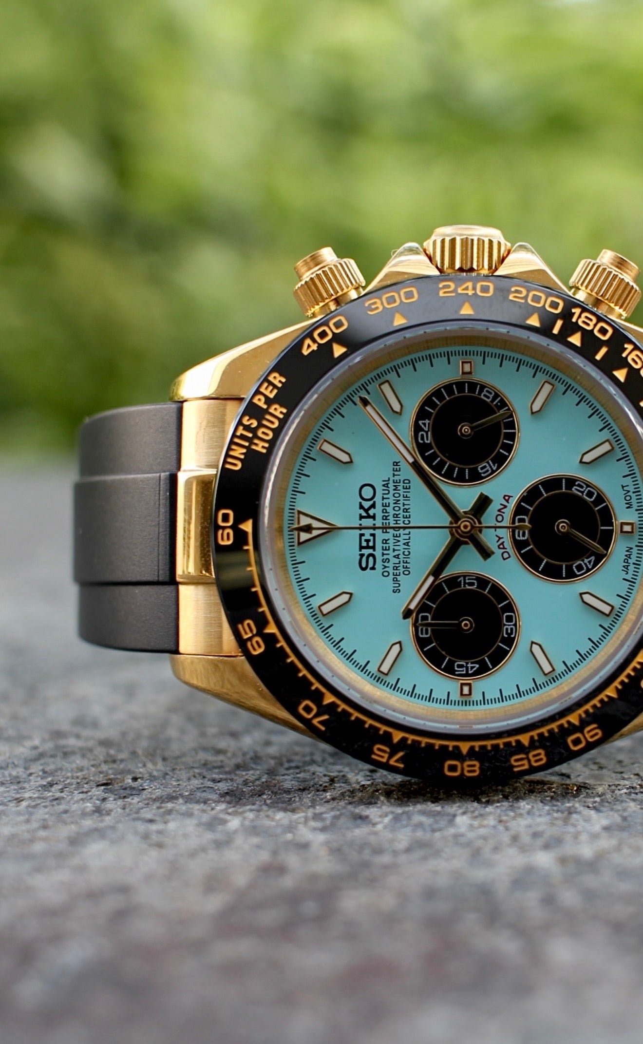 Seiko Daytona Mod Gold Oyster-Flex Bracelet Tiffany Blue Dial