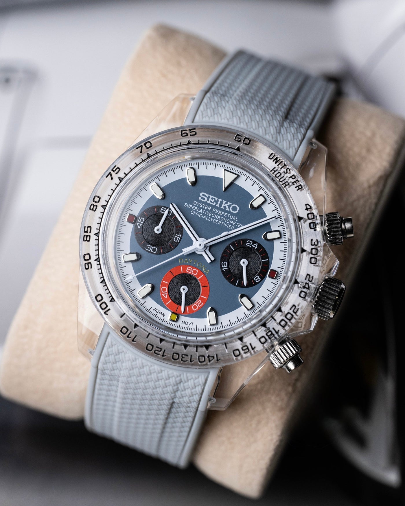 Seiko Daytona Mod Blue Dial Red Subdial Transparent Case