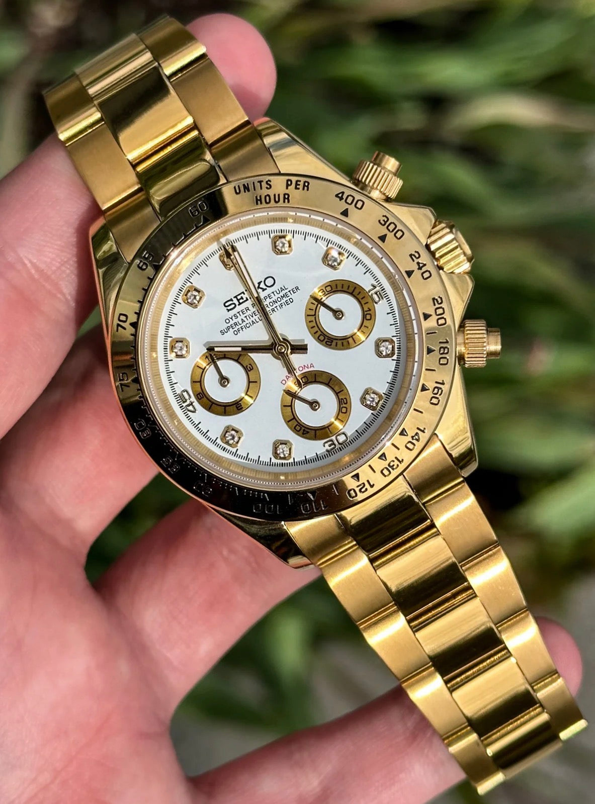 Seiko Daytona Mod Gold Case White Diamond Dial