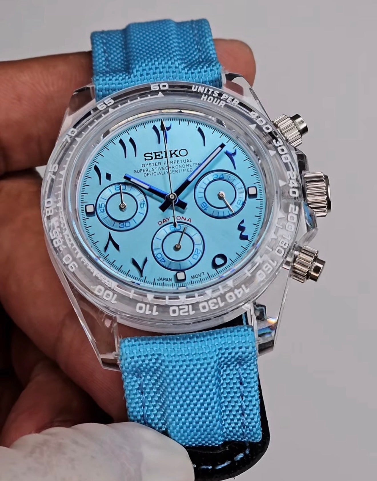 Seiko Daytona Mod Acrylic Transparent Case Blue Arabic Dial