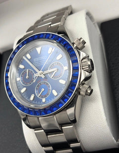 Seiko Daytona Mod Steel Blue Dial Blue Crystal Sapphire Bezel