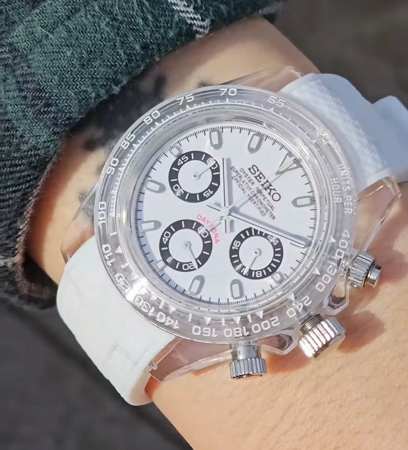 Seiko Daytona Mod Acrylic Transparent Case White Panda Dial