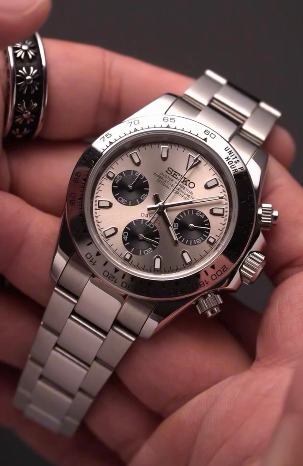 Seiko Daytona Mod Stainless Steel Case White Gold Ghost Dial