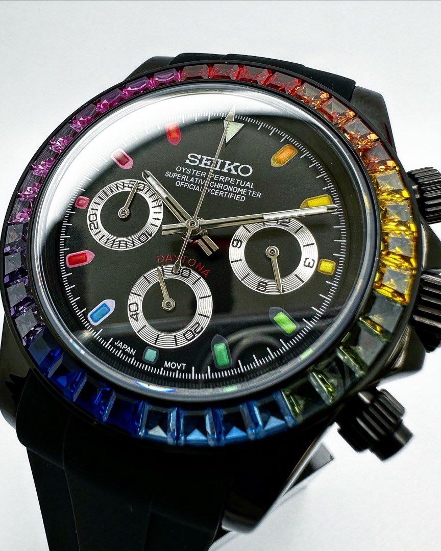 Seiko Daytona Mod Black Case Rainbow Bezel Black Dial