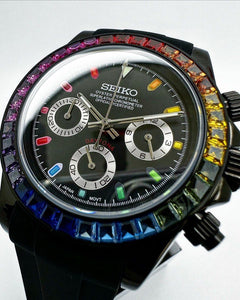 Seiko Daytona Mod Black Case Rainbow Bezel Black Dial