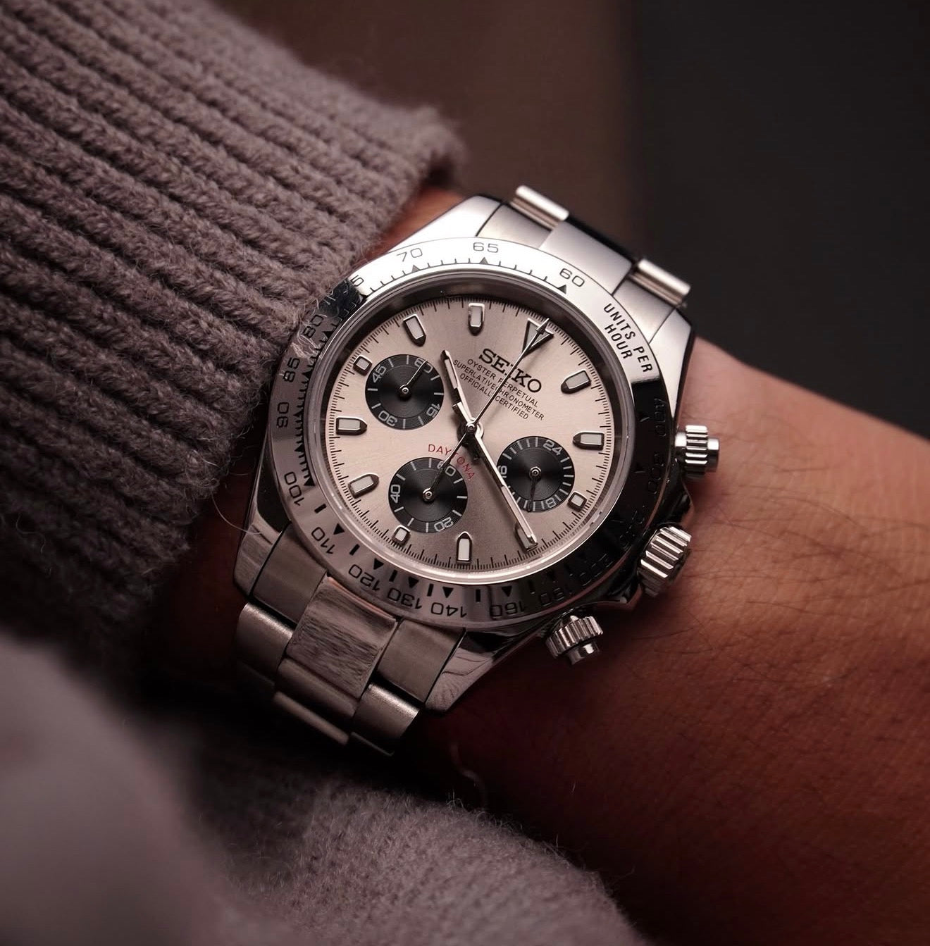 Seiko Daytona Mod Stainless Steel Case White Gold Ghost Dial