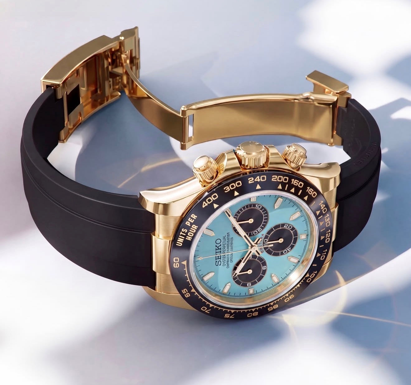 Seiko Daytona Mod Gold Oyster-Flex Bracelet Tiffany Blue Dial