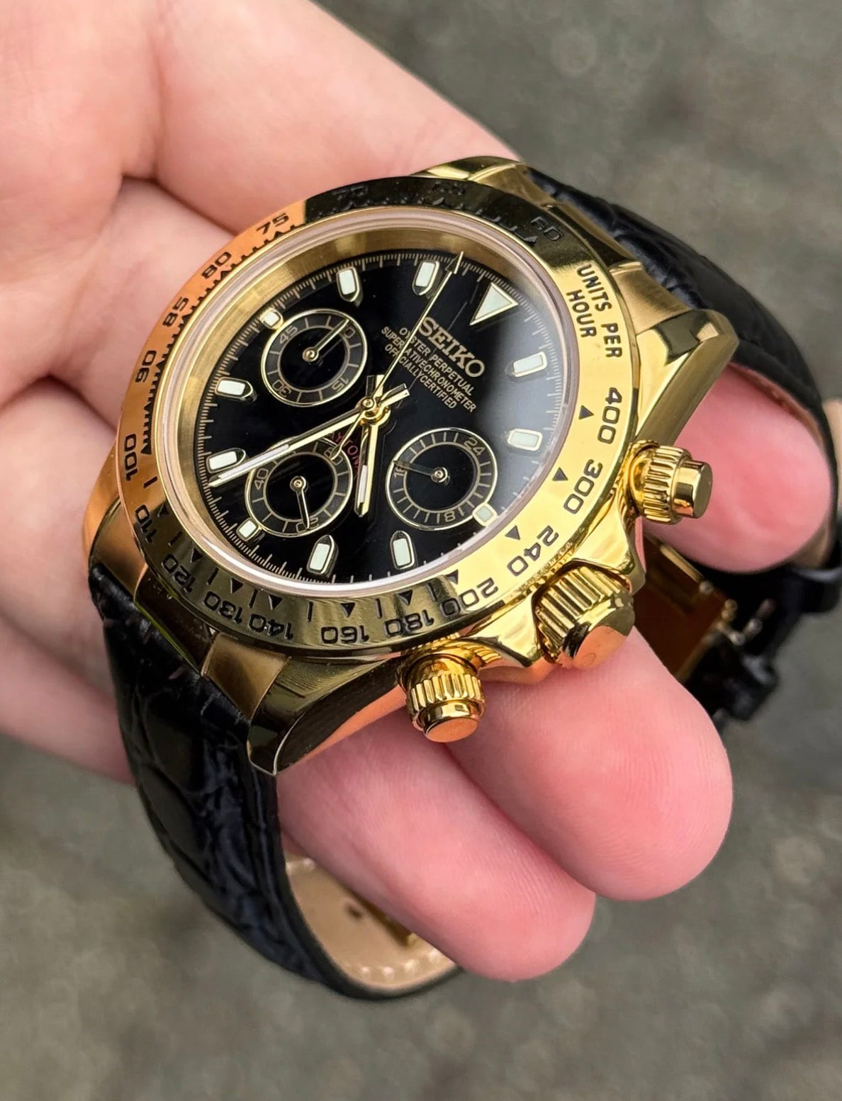 Seiko Daytona Mod Gold Black Dial Leather Strap