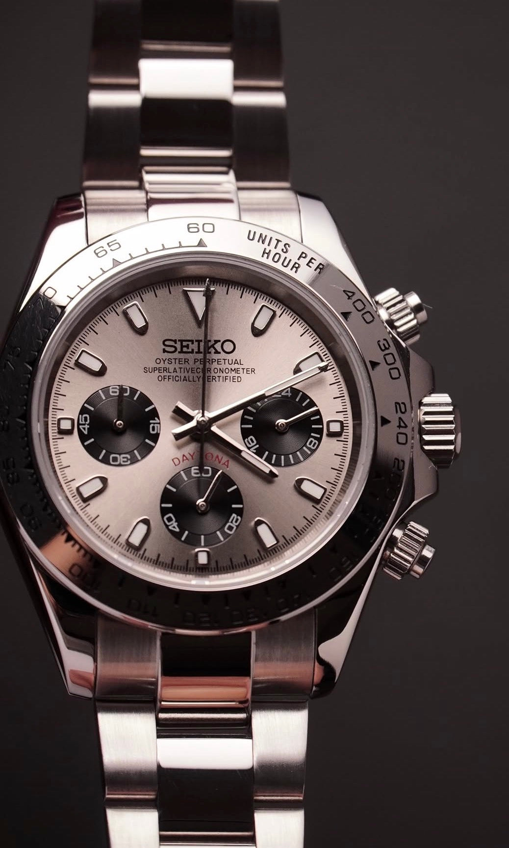 Seiko Daytona Mod Stainless Steel Case White Gold Ghost Dial
