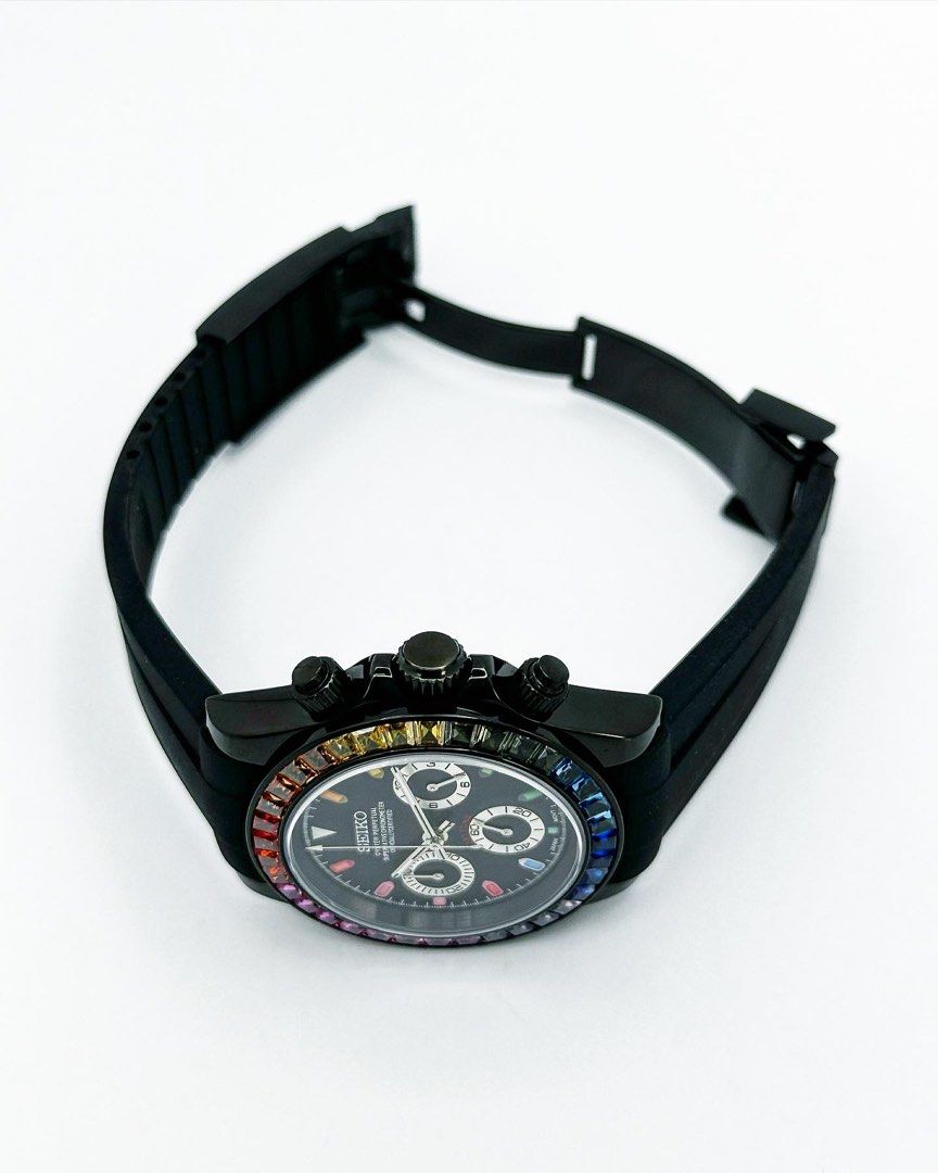 Seiko Daytona Mod Black Case Rainbow Bezel Black Dial