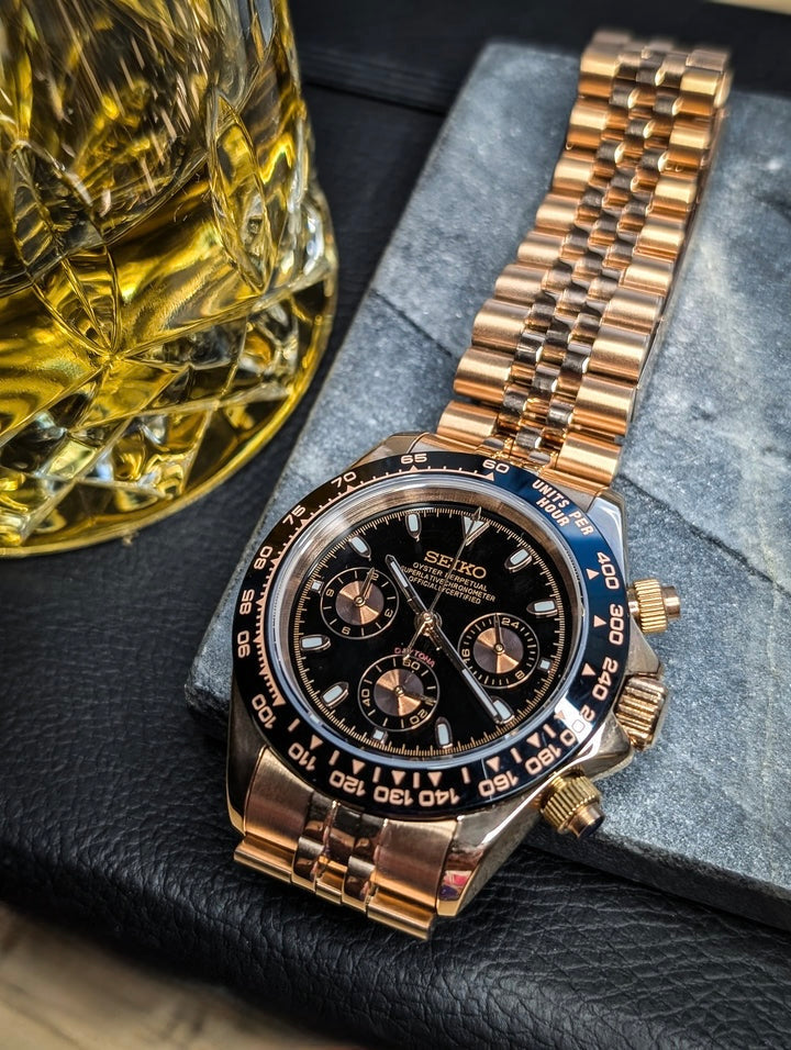 Seiko Daytona Mod Rose Gold Black Dial Gold Jubilee Bracelet