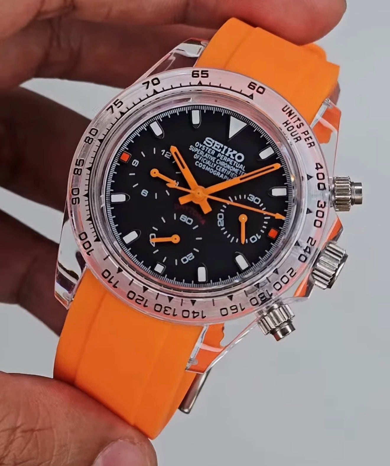 Seiko Daytona Mod Acrylic Transparent Case Orange Black Dial