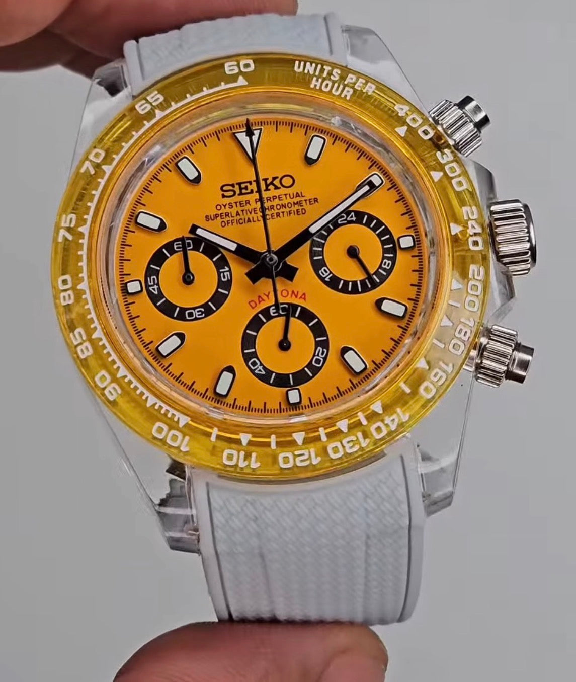 Seiko Daytona Mod Acrylic Transparent Case Yellow Dial