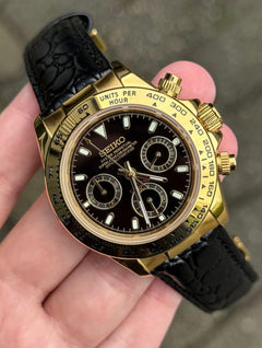 Seiko Daytona Mod Gold Black Dial Leather Strap