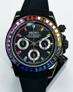 Seiko Daytona Mod Black Case Rainbow Bezel Black Dial