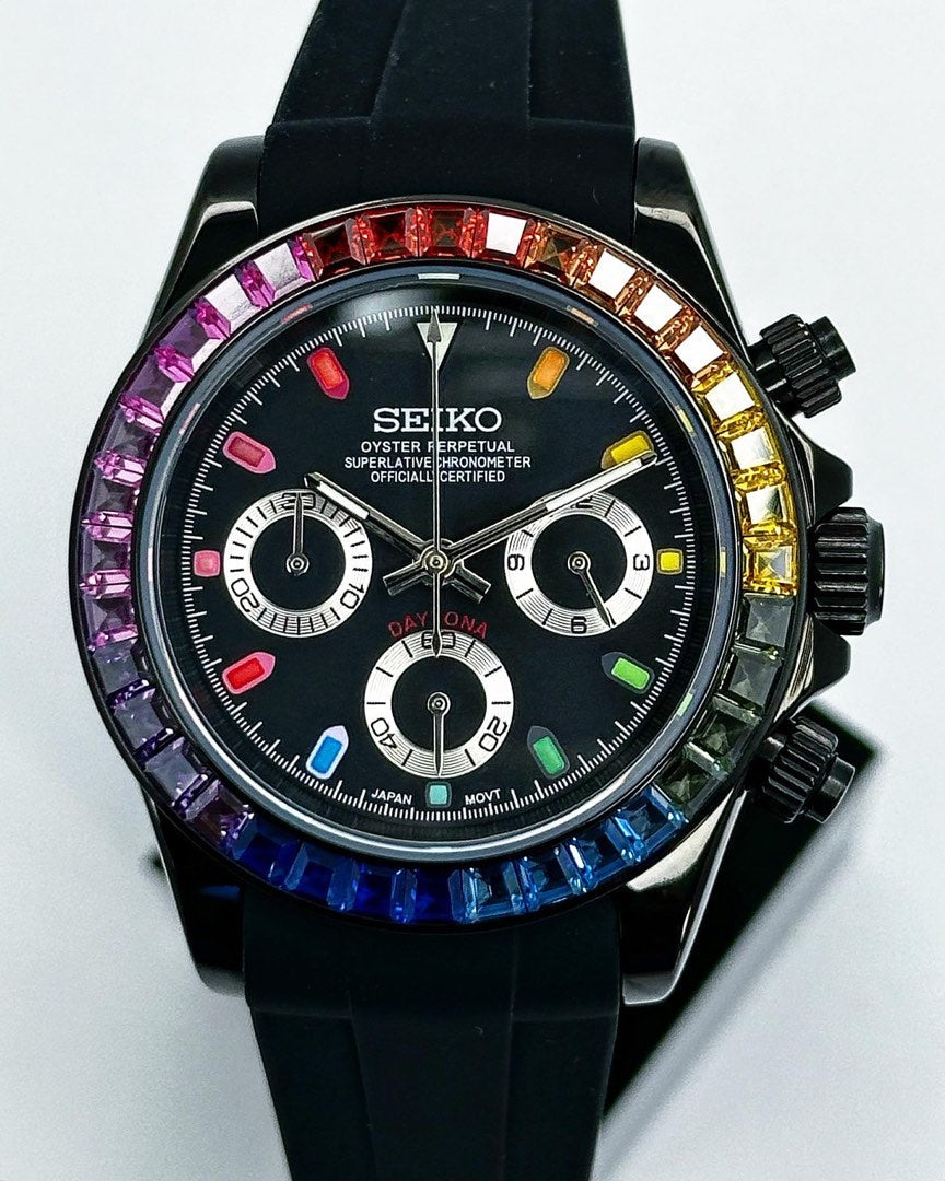 Seiko Daytona Mod Black Case Rainbow Bezel Black Dial