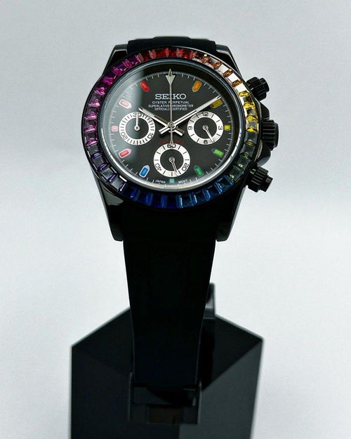 Seiko Daytona Mod Black Case Rainbow Bezel Black Dial
