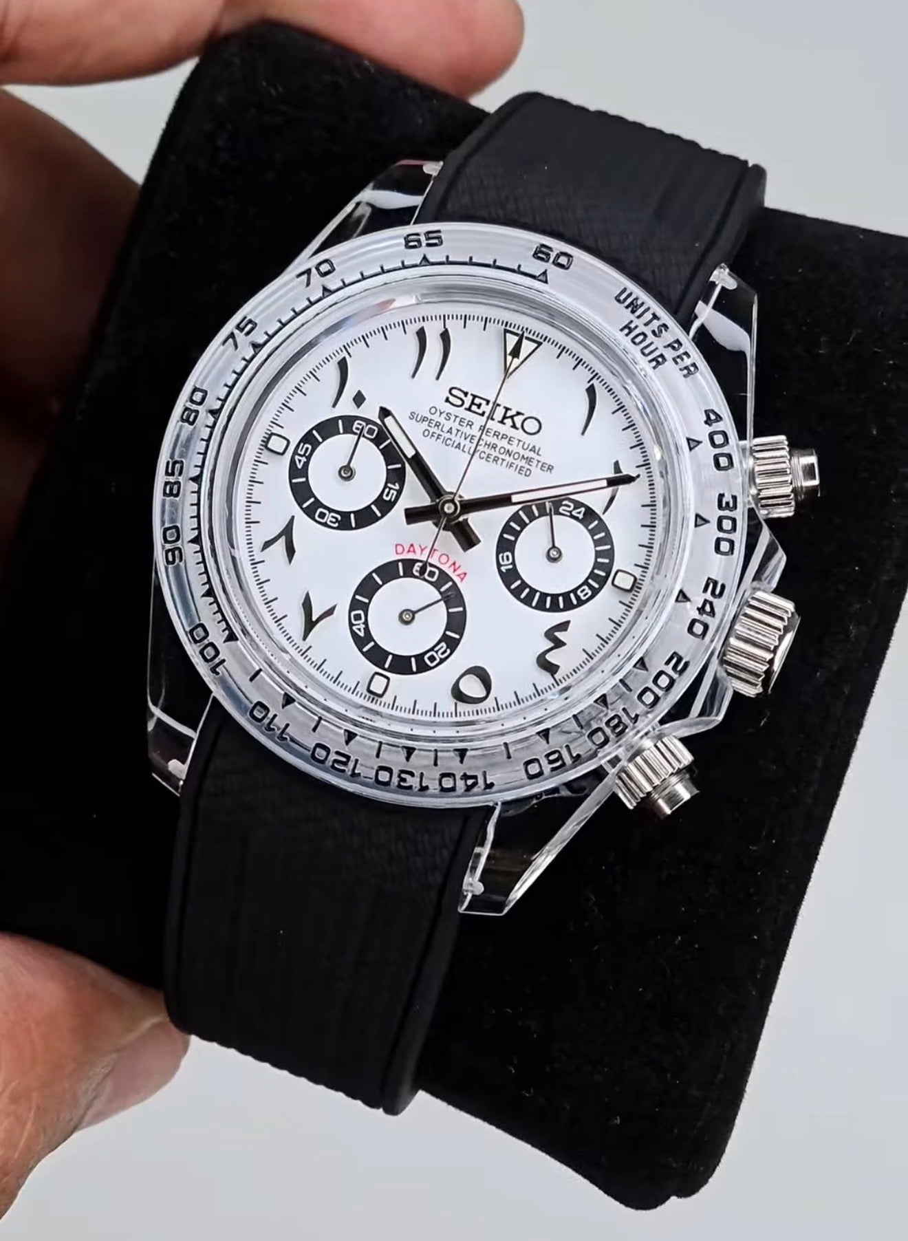 Seiko Daytona Mod Acrylic Transparent Case Arabic Panda Dial