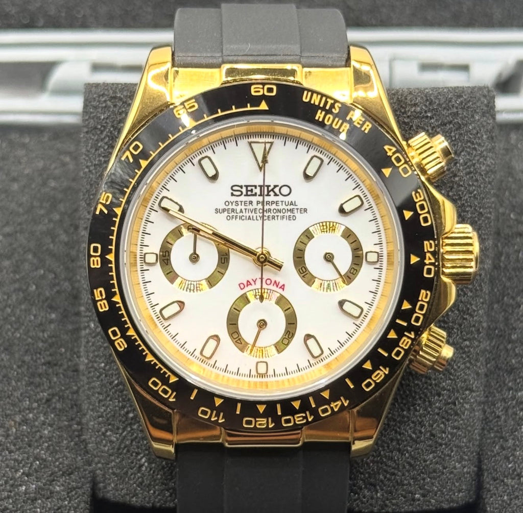 Seiko Daytona Mod Gold White Dial Oyster-Flex Strap