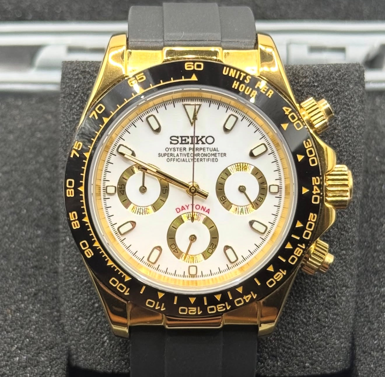 Seiko Daytona Mod Gold White Dial Oyster-Flex Strap