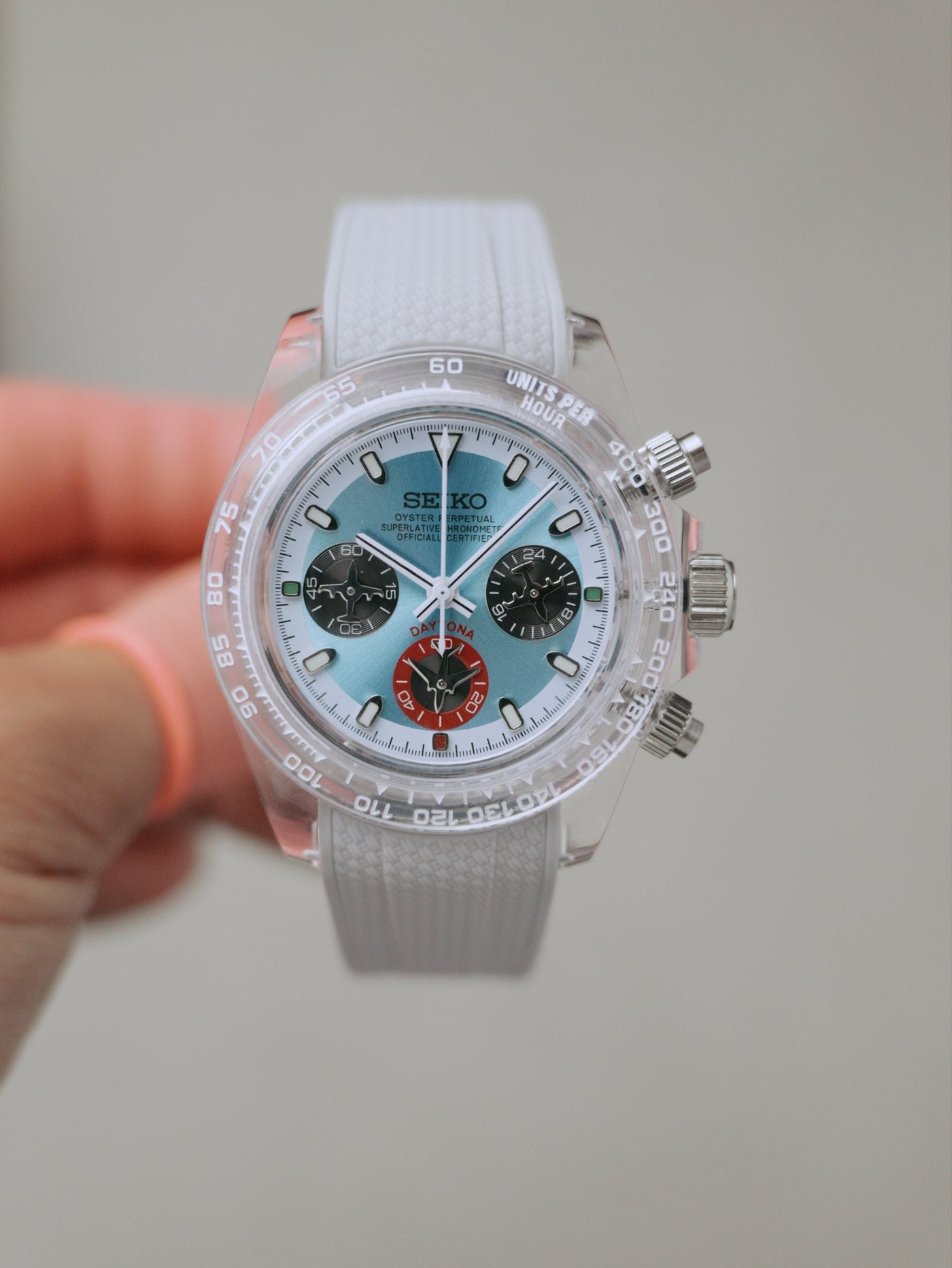 Seiko Daytona Mod Transparent Case Platinum Dial White Strap